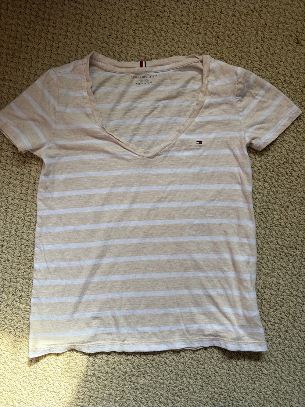 Tommy Hilfiger Pale Cream Beige Tan White Striped V-Neck Cotton Tee Shirt XXS